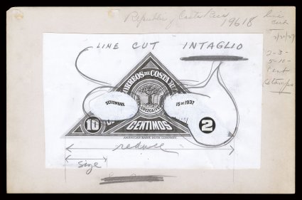 179P-82P, 1937 2c-10c Philatelic Exhibition, production file, consisting of enlarged photographic model with handpainted dates and value tablet on thick card measuring
282x182mm, complete set in large die proofs, a complete set in small die proo