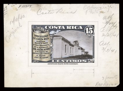 212P-16P, C74P-80P, 1941 5c-5Col University, file production, includes three enlarged photographic and handpainted models, two stamp size photographic models, large master die
proofs for the centimos values in rose and sepia, eleven different sm