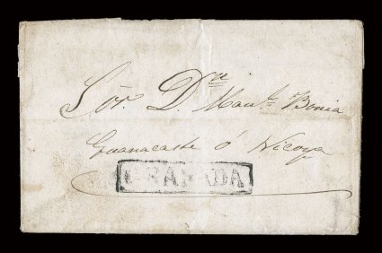 1820s-1860 Guatemala and Nicaragua inbound stampless postal history collection, a scarce assemblage of inbound mail consisting of 10 full entires and 21 cover fronts (as many
stampless are found from this area) originating in Guatemala or Nicara