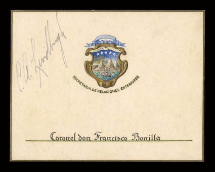 C. A. Lindbergh signed autograph on 115x91mm calling card of Colonel Francisco Bonilla, very fine probably signed when Lindbergh made his visit to Costa Rica in January
1928.