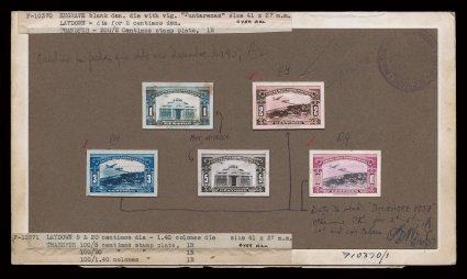 C31P-38P, 1937-38 1c-1.40Col Exhibition air posts, production file, five stamp size artists photographic and handpainted models affixed to a thick card, the 1c and 5c being in
an unadopted design, card with ms. notations, also a set of large di