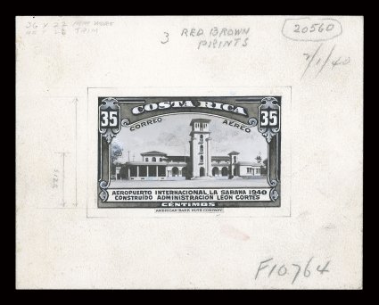 C42P, 1940 35c La Sabana Airport air post, production file, with an enlarged artists photographic and handpainted model and a frame sunk bromide in issued color (card lightly
creased), plus original photographs, worksheets and other collateral