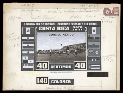 C57P-66P, 1941 10c-5Col Soccer Championship air posts, production file, with artists enlarged photographic and handpainted model for 40c with 1.40Col alternative value
adjacent, large master die proofs for centimos values in rose and blue green