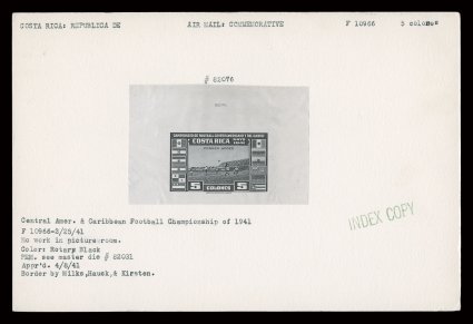 Air post large die proof lot of 132 different proofs from the 1934-1947 period, each affixed to an index card, includes a few incomplete dies, better thematics include Soccer
and F.D. Roosevelt, fine-very fine ex-American Bank Note Company arc