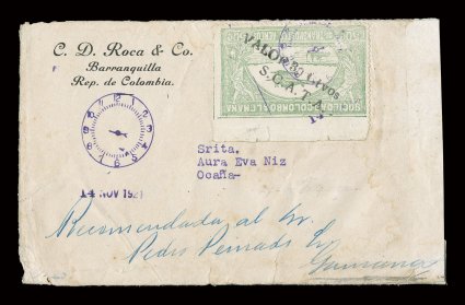 Inbound cover from Barranquilla to Ocana, with 1921 Valor 30 CtvosS.C.A.T.A. inverted surcharge on 50c Light green (Colombia C21 var.) cancelled by violet time stamp, San Jose
transit backstamp, cover opened at right and bottom, minor cov