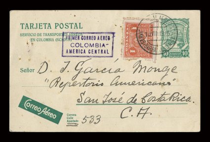Inbound postal card from Barranquilla to San Jose, 10c Green Scadta postal card tied along with 1c Red (379) by Barranquilla 10.8.1925 c.d.s., Limon and San Jose backstamps,
card with a few trivial staple holes at left, fine the 10c Scadta post