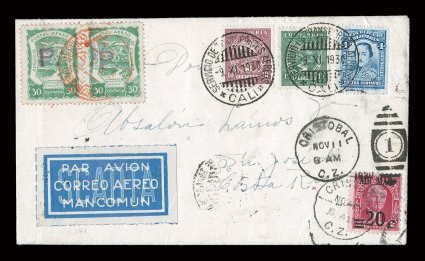 Inbound cover from Barranquilla to San Jose, pair of Scadta 30c Green P (Panama) overprints tied by bright red Barranquilla pmk. on 1930 cover to San Jose, Colombia 10c and 15c
Air posts and 4c Regular issue tied by Cali c.d.s., Canal Zone C5