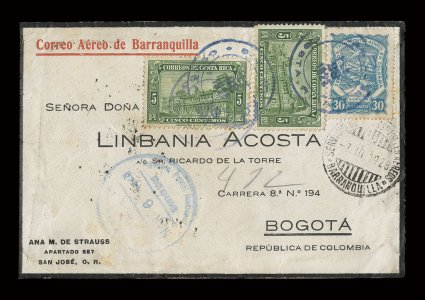 Group of seven Scadta covers franked with unoverprinted 30c Blue stamp and 10c Regular issue (one with two 5c), 1923-1931, three sent from Limon and four sent from San Jose,
all to Colombia, Barranquilla or Bogota receiving backstamps, two covers