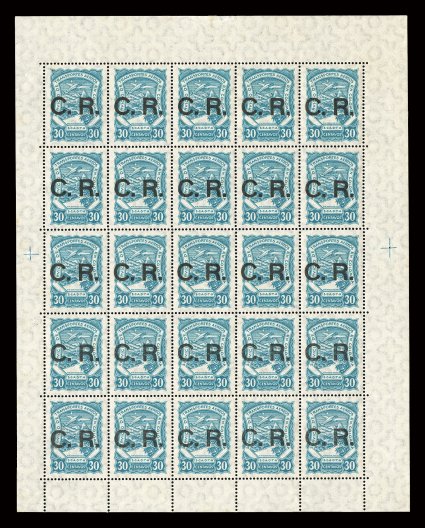 CLCR5 var., 1923 30c Blue with overprint C.R., the overprint being printed rather than the usual handstamped C.R. (the 30c is the only value that comes this way), complete
sheet of 25, exceedingly bright and fresh, well centered, o.g., n.h.,