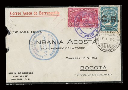 CLCR5, 1923 10c Blue with C.R. handstamp, tied with 10c Regular issue by violet San Jose Oct 6, 1928 c.d.s. and Barranquilla pmk. on cover to Bogota (backstamps), blue agency
cachet at left, cover roughly opened at left, fine a rare commercia