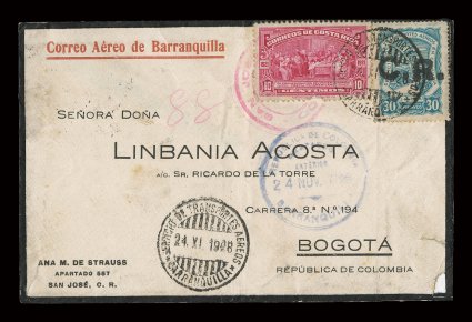 CLCR5, 1923 10c Blue with C.R. handstamp, tied along with 10c Regular issue by Barranquilla pmk. on 1928 cover to Bogota (backstamped), blue agency handstamp, cover with minor
edge flaws including a small repair of the bottom right corner, fin