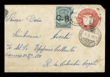 CLCR5, 1923 10c Blue with C.R. handstamp, tied to Panama 2c Red entire by Panama Oct. 3 (1929) duplex, Barranquilla pmk., sent to Bogota (backstamped), cover with small faults
including some toning, reduced at left, fine appearance a very rar
