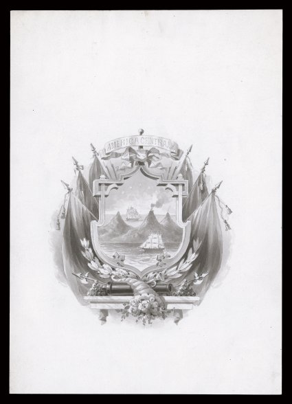 Costa Rican Coat of Arms large wash pen and ink drawing on heavy card measuring 175x245mm, prepared by the American Bank Note Company as the model for the central vignette
featured on the 1863 First Issues, manuscript American Bank Note Co.New