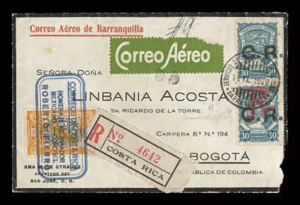 CLCR5, 1923 10c Blue with C.R. handstamp, two singles, the bottom one with red R in crayon to indicate the registry usage, tied by Barranquilla pmk. on 1928 cover to Bogota,
numerous backstamps, cover opened a little roughly at right, ot