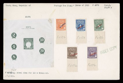 J9P-13P, 1915 2c-20c Postage dues, master die proof in green, with value tablets alongside, affixed to large index card with the set of five stamps (bottom sheet-margin copies)
handstamped Specimen in red and with security punch, a couple stam