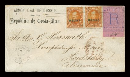 O6, 1883 10c Orange with Oficial overprint, horizontal pair tied by ms. cancel on 1885 registered cover to Heidelberg, Germany (backstamped), with San Jose8 Jun85 c.d.s. at
bottom left, registry label also tied by the ms. cancel, corner ca