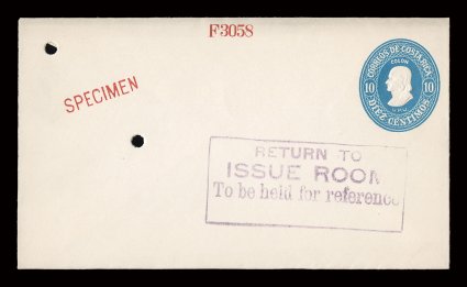 Postal stationery specimen group consisting of 5c (fifteen), 20c (five) and 20c (three) stamped envelopes, 2c (eleven) and 4c (five) postal cards, plus a 2c reply card, each
overprinted or perforated Specimen, some also have an archival handsta