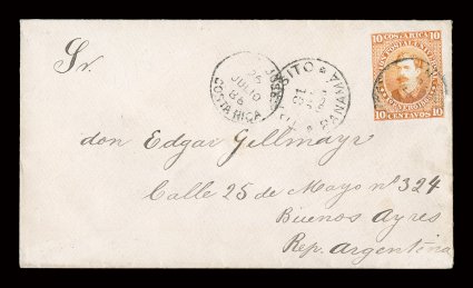 1886 5c and 10c Soto entire envelope group consisting of 22 mint entires, five used 5c domestic usages, six 10c foreign usages, five to various European countries and one to
Argentina, plus eleven large die proofs including trial colors, mainly f