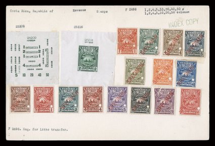 Revenue proof and specimen lot from the 1910-1947 period, 23 large die proofs and 35 specimen stamps affixed to 25 index cards, includes a couple proofs without the
denomination tablet, fine-very fine ex-American Bank Note Company archives.