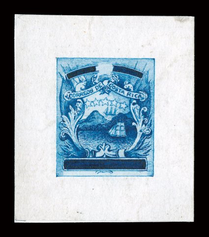 1863 First Issue hand-drawn watercolor essay in blue of the basic design with blank value tablets, stamp size on India mounted on card measuring 39x44mm, the color being the
shade chosen for the 12r value, extraordinary detail in the drawing, ve