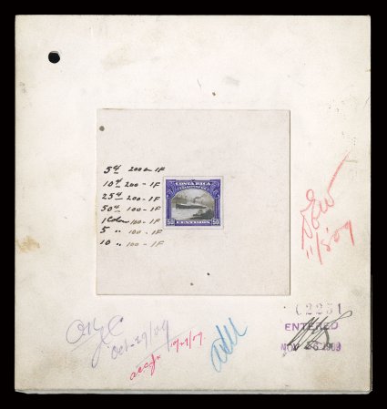 1910 Telegraph issue proof group consisting of a 50c artists photographic and handpainted model (see photo) 5c-10Col large die proof on India sunk on card in issued colors
except 50c in the 25c color, a set of seven large die proofs on India aff