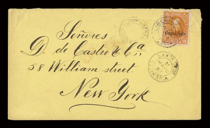 3, 1883 10c Orange, with 16mm black overprint, tied by Liberia2 Jun 87 Costa Rica c.d.s. on cover to New York, Costa Rica transit markings and New York backstamp, cover with
minor creasing at top right corner affecting the stamp, fine the