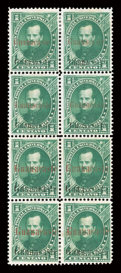 4b, 16a, 1885 1c Green, overprinted in black and red, unused block of eight (2x4), being positions 5-635-36, with the top four stamps being Type I (4b), while the bottom four
stamps are Type III (16a), in addition the top left stamp (position
