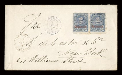 5, 1885 5c Blue violet, with 16mm overprint in black, horizontal pair tied by Liberia in oval pmks. on cover to New York, matching Liberia7 Abrl. 87Costa Rica c.d.s. alongside,
Costa Rica transit marking and New York backstamp, Alfonso Sal