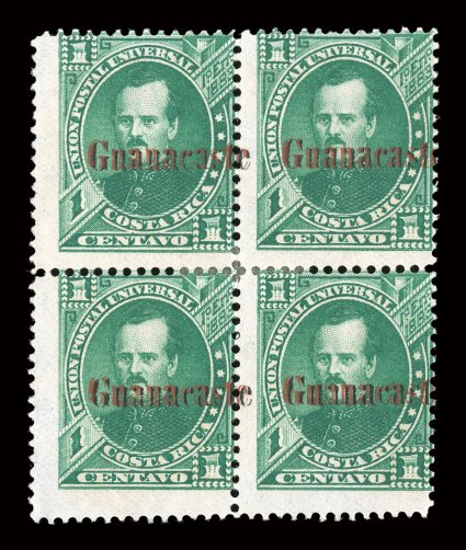 16a, 1c Green, double overprint, one in black, block of four with the 18 12mm overprint in both red and black, deep color, small part o.g., fine the catalog value as four
singles is $1,000.00.