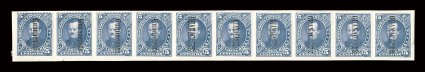 25, 29, 33, 37, 1885 5c Blue violet, reconstructed horizontal strip of ten (strip of eight and a pair), showing the horizontal setting, four Type e (25), one Type g (33), two
Type f (29) and three Type h (37), hinged on piece, fresh