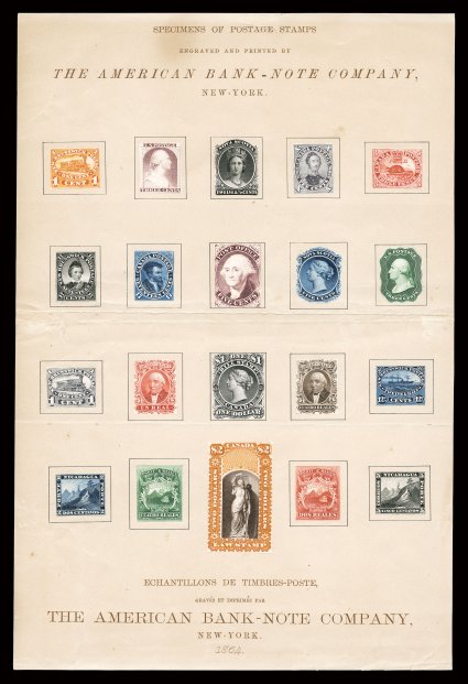 Specimens of Postage Stamps promotional salesman sample page of the American Bank Note Company, a striking page removed from a salesman sample book (original size of page 8 34 x
12 14, now slightly reduced to trim edge flaws), with a total