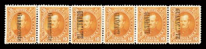 26, 30, 34, 38, 1885 10c Orange, horizontal strip of six showing the four different types, first two Type e (26), next is Type g (34), two Type f (30) and one Type h (38),
strong color, o.g., fine as singles catalogs $560.00: ex-F