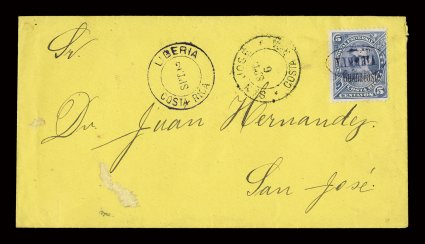 43, 1888 5c Blue violet, with type 9 overprint, tied by Liberia in violet oval pmk. on bright yellow cover to San Jose, matching LiberiaSpt 2Costa Rica c.d.s., San Jose
receiver, a couple trivial cover adherences at bottom left, very fine.