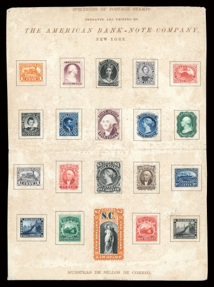 Specimens of Postage Stamps promotional salesman sample page of the American Bank Note Company, a virtually identical specially prepared page with the same plate essays and
proofs affixed, however this one with the inscription at bottom in Span