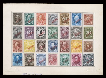 American Bank Note Company salesman sample page containing a striking array of twenty-eight different plate proofs or trial color proofs of various stamps the ABNC printed and
all neatly mounted in a 7x4 arrangement on a thick card measuring 210x