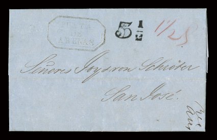 Punta De Arenas octagonal boxed handstamp (PUN-Pmk2), a single strike on each of four 1849-59 folded letters all addressed to San Jose, each folded letter showing a different
rate numeral handstamp which were uniquely applied in Puntarenas, cir