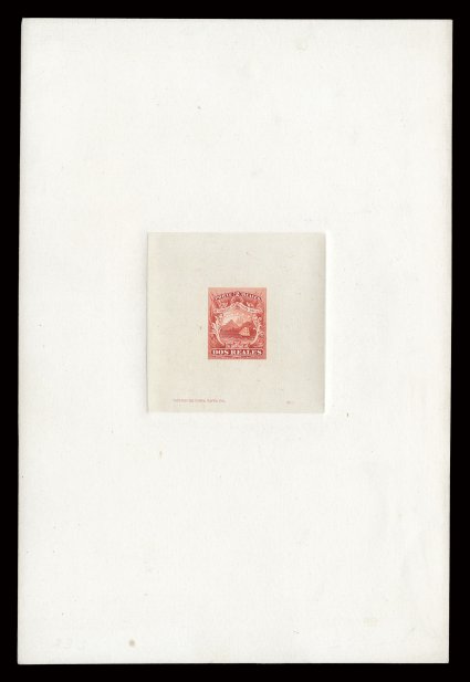 2P, 1863 2r Scarlet First Issue, large die proof on India mounted on large die sunk card measuring 150x225mm, with American Bank Note Co. imprint and die number 330 engraved at
bottom of India, wonderfully fresh and choice, extremely fine b