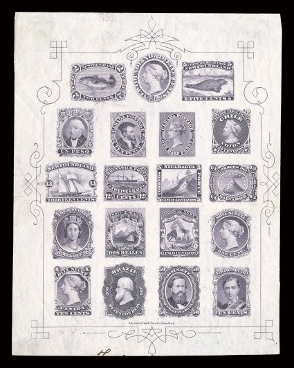 1868 American Bank Note Company trade sample sheet, engraved in deep violet on bond paper, margins of sheet have been a bit reduced, central horizontal crease affecting a couple
of proof impressions and ending in a small marginal tear, very fine