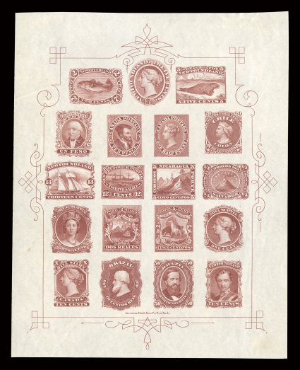 1868 American Bank Note Company trade sample sheet, lithographed in brownish lilac on bond paper, wide margins, minor marginal edge tear at left, very fine.
