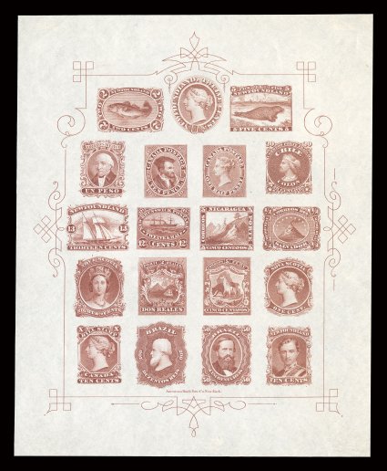 1868 American Bank Note Company trade sample sheet, lithographed in brownish lilac on bond paper, a lovely fault-free sheet in a very similar color to the last, but just a
slightly deeper shade, wide margins, trivial corner bend at top left, very