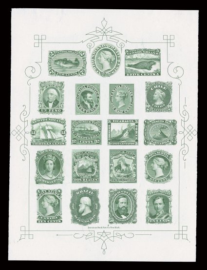 1868 American Bank Note Company trade sample sheet, engraved in deep green on horizontally laid paper, a striking sheet on a paper that is especially elusive and seldom seen,
couple of small thin spots (one of which has been expertly repaired fil