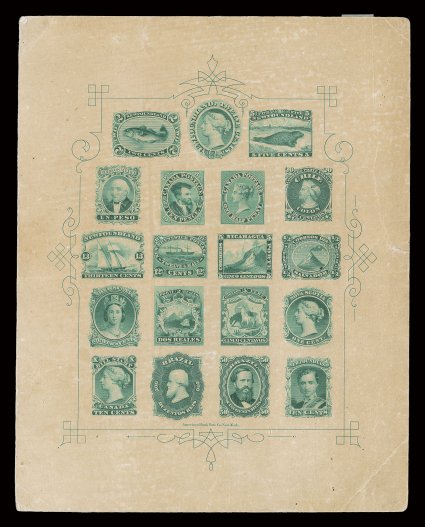1868 American Bank Note Company trade sample sheet, engraved in deep green on brownish heavy card, the first such sheet on this unusual paper we have seen, marginal flaws
including a small tear and corner crease, otherwise very fine.