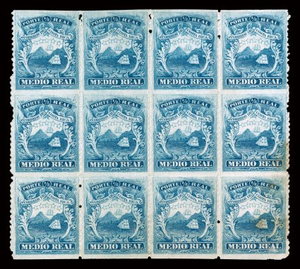 1b, 1863 12r Blue, imperforate horizontally, a striking unused block of nine (3x3) that is completely imperforate horizontally, being the largest surviving intact multiple from
the unique discovery sheet of 100, well centered vertically, ri