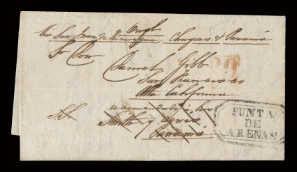 Punta De Arenas octagonal boxed handstamp (PUN-Pmk2) on wonderful March 15, 1851 folded letter to San Francisco, California, sent via the mail agent in Greytown (San Juan de
Nicaragua) where all international mail was handled, and placed on the
