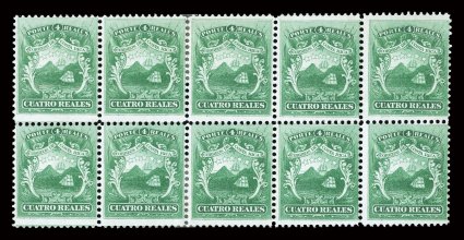 3 var., 1863 4r Green, major double transfer variety, the top center stamp (position 8) in a mint block of ten (5x2), positions 6-1016-20, this is the only major variety found
on the printing of all four values from the series, showing strong d