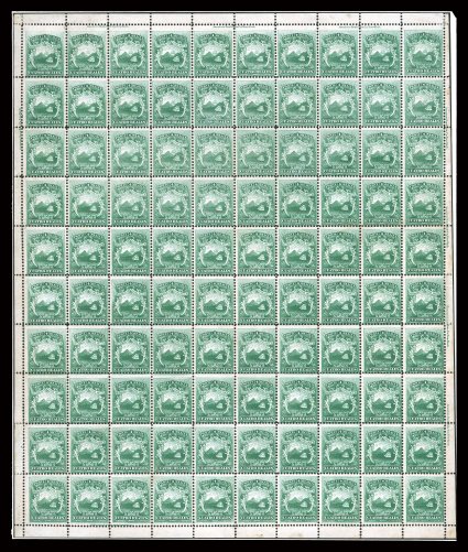 3, 1863 4r Green, an impressive complete mint sheet of 100, with full sheet selvages all around and showing several American Bank Note Co. New-York imprints, including three
which appear in the top row not in the sheet selvage but incorporated