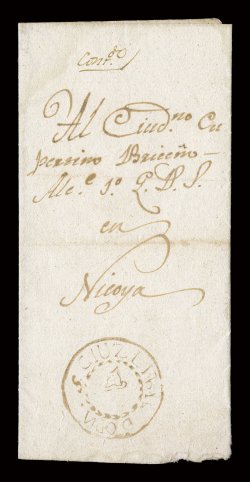 S Cruz (Santa Cruz) Libre D O P N extraordinary illustrated handstamped cachet, showing a Phrygian hat in the center (SC-Pub1), wonderfully struck on a June 14, 1825 largely
complete folded letter from Santa Cruz to Nicoya, the contents relay a