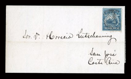 1, 1863 12r Blue, handsome single with strong color and impression, used on an especially clean folded entire with printed contents datelined Paris, Enero 1 de 1873, addressed
to San Jose, cancellation on stamp is an unusual oval of dots typi