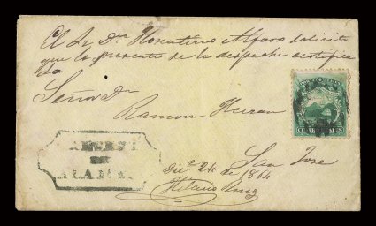 3, 1863 4r Green, single tied to very rare registered cover from Alajuela to San Jose by barred numeral cancel (ALA-Can1), post office administrative boxed cachet
ReceptdeAlajuela at bottom left, with manuscript endorsements by Postmaster Ru