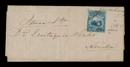 1, 1863 12r Blue, quite well centered single tied to folded letter dated July 24, 1869 from Alajuela to Vuelta (Jorco) by unusual light strike of boxed Administn.Gral D CorresD
Costa Rica administrative cachet (ALA-Aux4), strike bit blurred